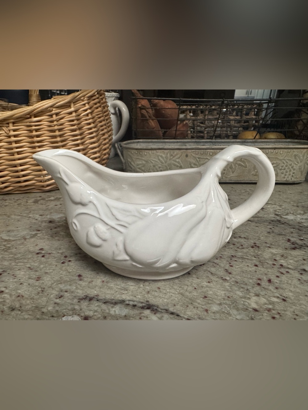 Gallery White Ceramic Gravy Boat with Subtle Floral Relief